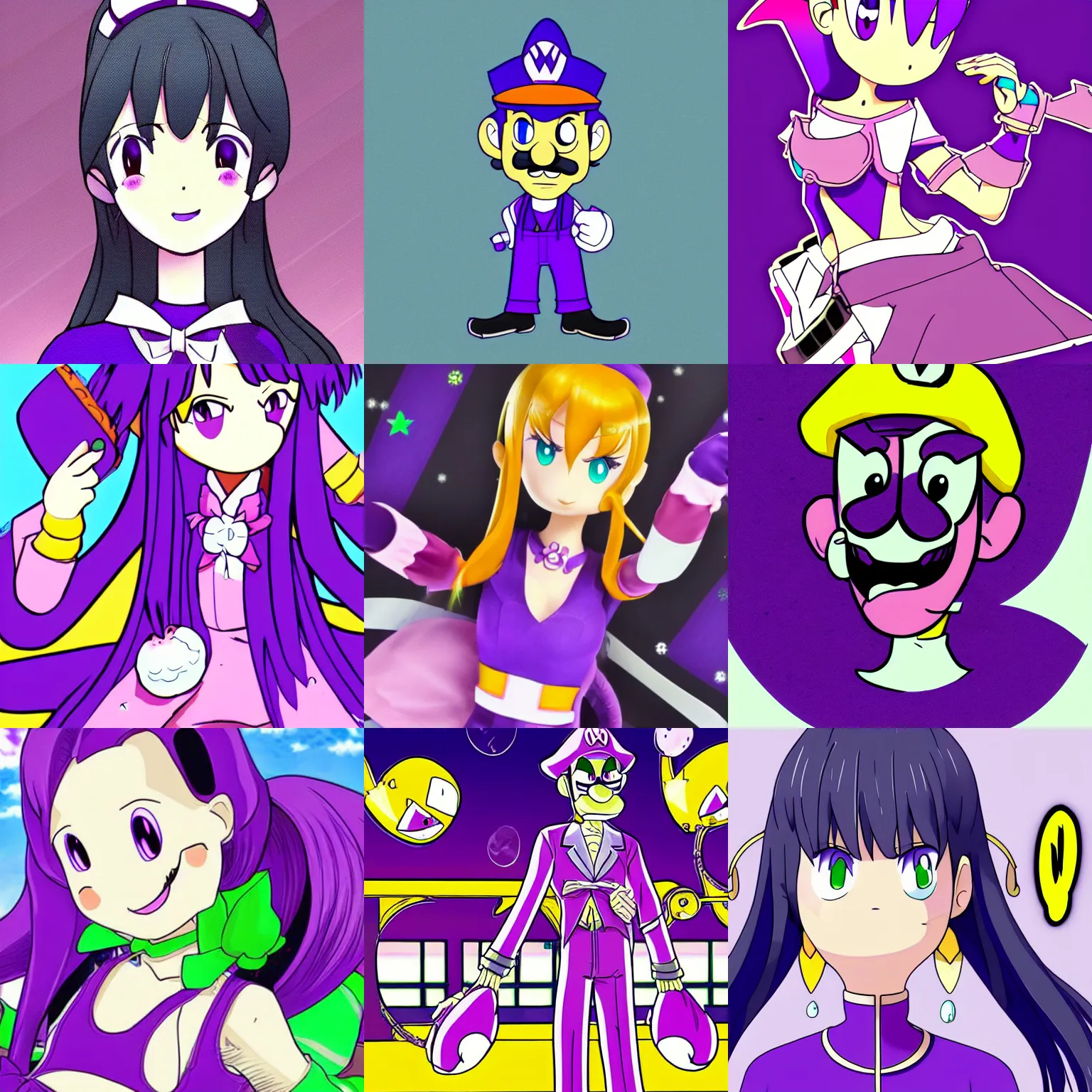 Prompt: waluigi waifu anime art, beautiful animation