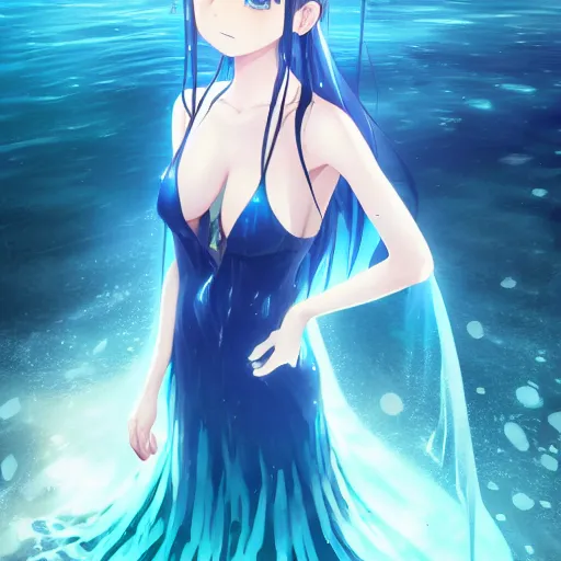 Image similar to a very beautiful anime girl wearing a dress made of water standing in a crystal lake , full body, very long black hair, azure blue watery eyes, full round face, seductive stare, cinematic lighting, medium shot, mid-shot, highly detailed, trending on artstation, Unreal Engine 4k, Stanley Artgerm Lau, WLOP, Rossdraws, James Jean, Andrei Riabovitchev, Marc Simonetti, and Sakimichan