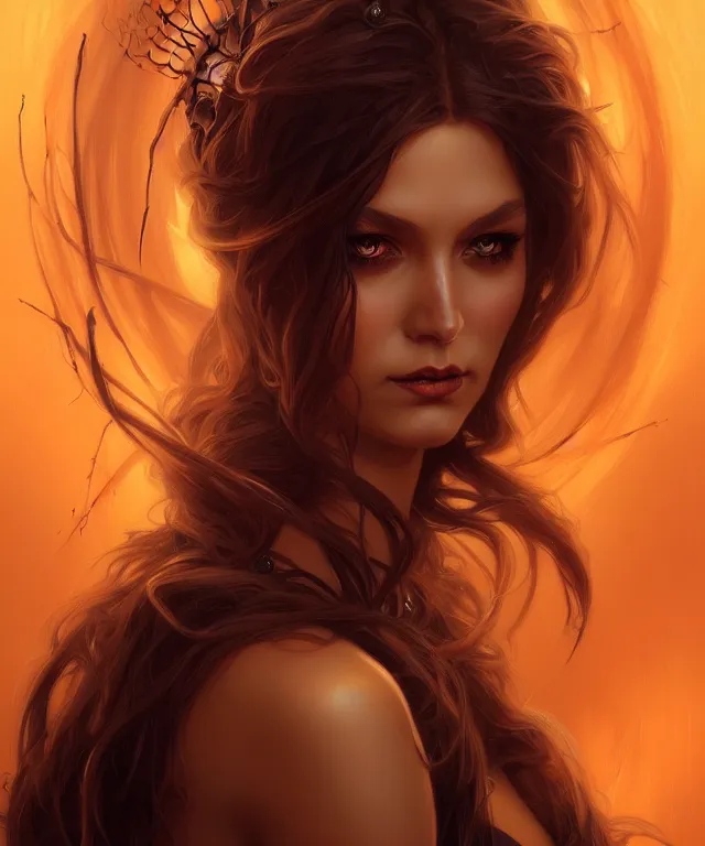 Image similar to Halloween woman portrait, sci-fi, amber eyes, face, long hair, fantasy, intricate, elegant, highly detailed, digital painting, artstation, concept art, smooth, sharp focus, illustration, art by artgerm and greg rutkowski and alphonse mucha