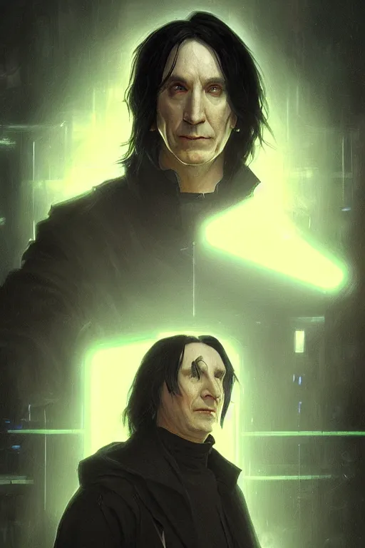 Image similar to portrait of cyborg severus snape in cyberpunk, neon lighting, night city, digital art from artstation by Ruan Jia and Mandy Jurgens and Artgerm and william-adolphe bouguereau and Greg Rutkowski