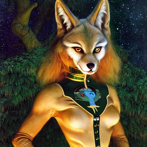 Image similar to a portrait of a female wolf wolfwoman canine alien in starfleet uniform at night in a dark forest. zootopia fursona furaffinity furry art detailed face painting by gaston bussiere craig mullins jc leyendecker gustav klimt artgerm greg rutkowski furry