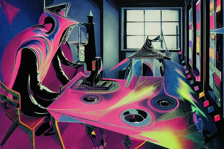 Image similar to a highly detailed beautiful masterpiece painting of a technomancer wizard in dazzle camouflage robes with pointed hood tampering with the world engine in his laboratory near a computer by Remedios Varo and Anato Finnstark and Greg Rutkowski and Andy Warhol, dayglo pink, dayglo blue, prismatic, pearlescent white, raven black, hyperrealism, 8k, trending on ArtStation, rendered in Octane, rendered in Unreal engine, award winning, volumetric lighting