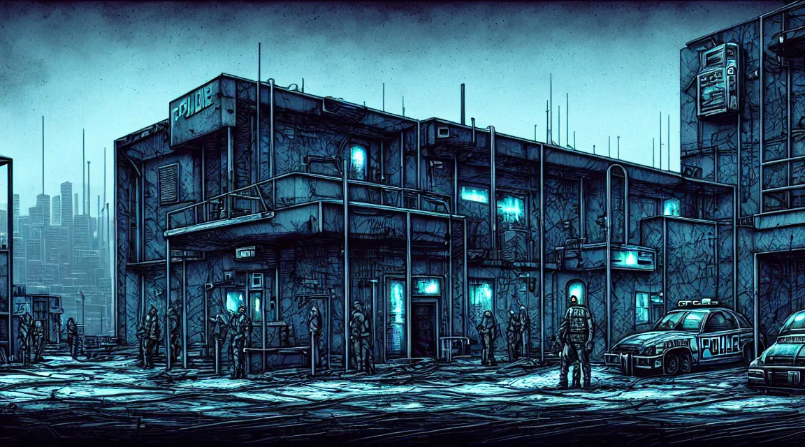 Prompt: post - apocalyptic police station, concrete building, paved roads, by dan mumford, by h. r giger, highly detailed photography, trending on artstation, hyperrealistic, human silhouettes, cyberpunk, environment artist, dystopian, science fiction, synthwave neon retro