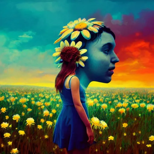 Image similar to girl with a giant daisies head, surreal photography, flower field, sunset dramatic light, impressionist painting, colorful clouds, blue sky, digital painting, artstation, simon stalenhag