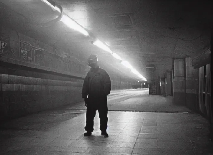 Image similar to welder in welding mask in a subway, ominous lighting, by richard avedon, tri - x pan stock