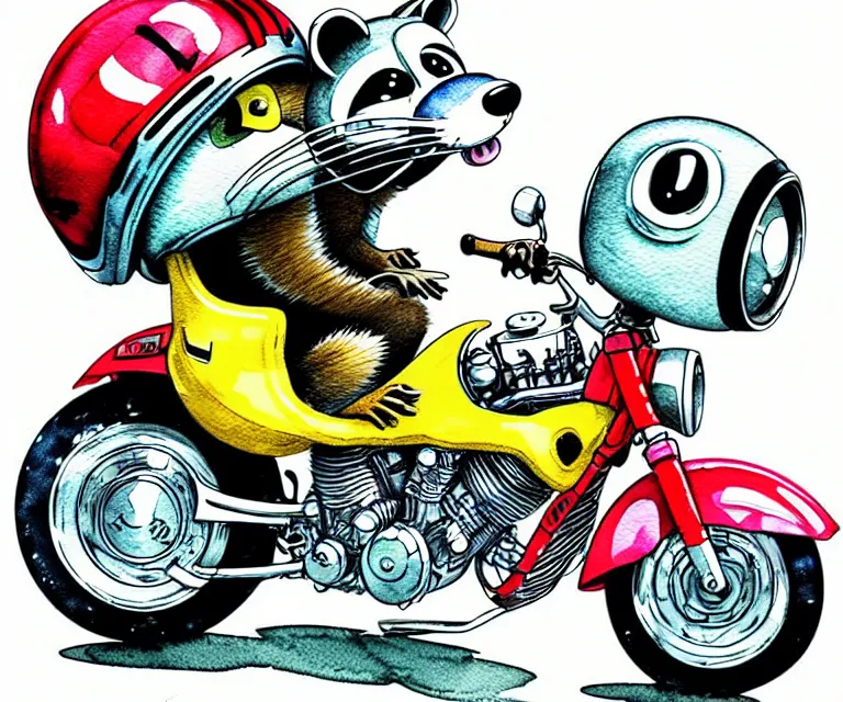 Image similar to cute and funny, racoon wearing a helmet riding in a tiny sport motorcycle with oversized engine, ratfink style by ed roth, centered award winning watercolor pen illustration, isometric illustration by chihiro iwasaki, edited by range murata