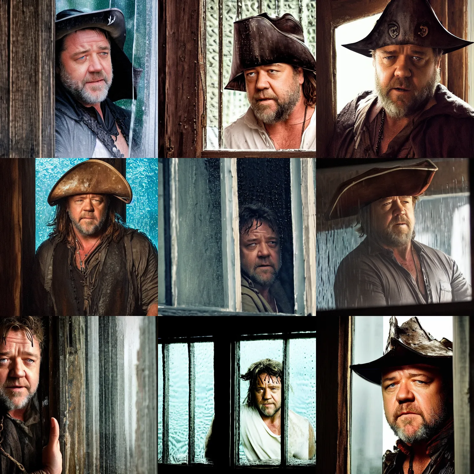 Prompt: russell crowe wearing a giant pirate hat behind a rainy dirty window and wooden wall peering out to the camera