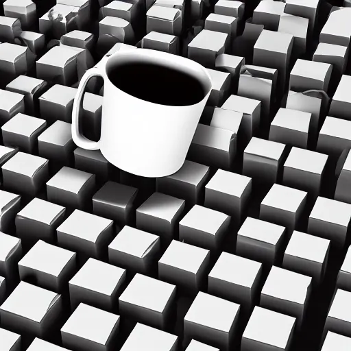 Prompt: a realistic photo of a mug being smashed on the ground breaking into multiple pixel - like cubes.