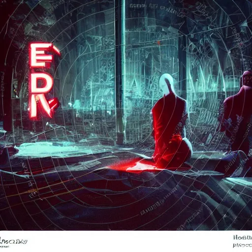 Prompt: monks kneeling with wires connecting them to a computer, Machines and wires everywhere, neon lights, creepy, dark shadowy surroundings, dystopian scifi, horror, Stefan Koidl inspired