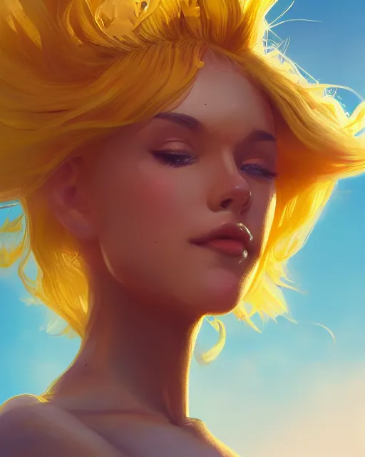 Image similar to summer vibes, beautiful sun goddess, flowy yellow golden hair, sun, summer, cinematic lighting, highly detailed, digital painting, trending on artstation, pixiv, concept art, sharp focus, illustration, art by ross tran and wlop