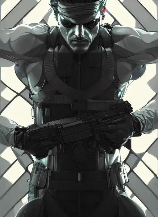 Image similar to symmetry!! portrait of solid snake, metal gear solid, tech wear, glowing lights!! intricate, elegant, highly detailed, digital painting, artstation, concept art, smooth, sharp focus, illustration, art by artgerm and greg rutkowski and alphonse mucha