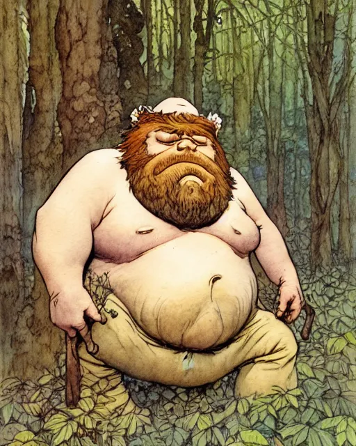 Image similar to a realistic and atmospheric watercolour fantasy character concept art portrait of a short fat bigfoot in the forest. by rebecca guay, michael kaluta, charles vess and jean moebius giraud