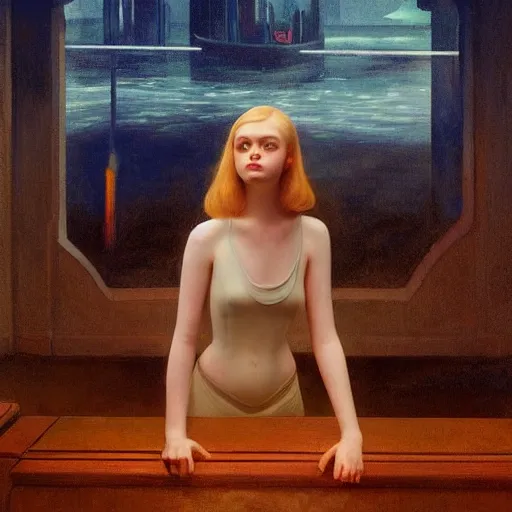 Prompt: Elle Fanning in an underwater city in the world of Edward Hopper, stormy sea, extremely detailed masterpiece, oil on canvas, low-key neon lighting, artstation, Blade Runner 2049, Roger Deakin’s cinematography, by J. C. Leyendecker and Peter Paul Rubens,