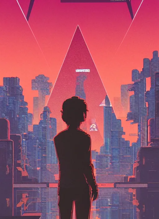 Prompt: a transparent glass movie poster of a cyberpunk explorer meditating next to a floating triangular glowing monolith, risograph by laurie greasley, kawase hasui, josan gonzalez, jean giraud, moebius and edward hopper, colourful flat surreal design, in the style of oxenfree, super detailed, a lot of tiny details, fullshot