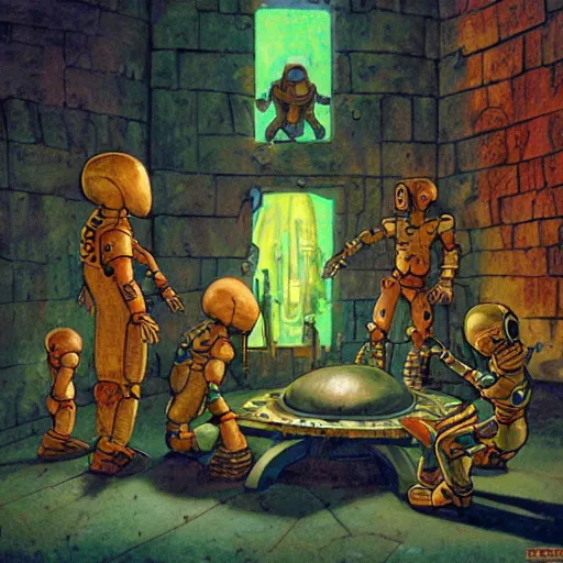 Prompt: medieval extraterrestrial villagers pointing to broken non - functioning robot sitting on floor in corner of room, colorful, dramatic lighting, illustration, fantastic planet, ron cobb, mike mignogna, jim henson creature shop, science fiction, detailed painting, high detail, coherent, rough paper