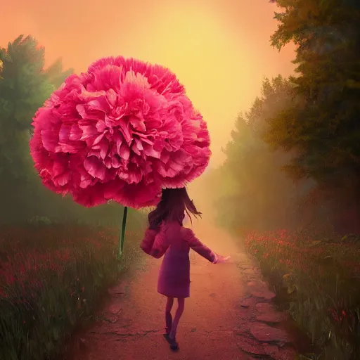 Image similar to giant carnation flower head, girl in a suit, on a path, surreal photography, sunrise, dramatic light, impressionist painting, digital painting, artstation, simon stalenhag