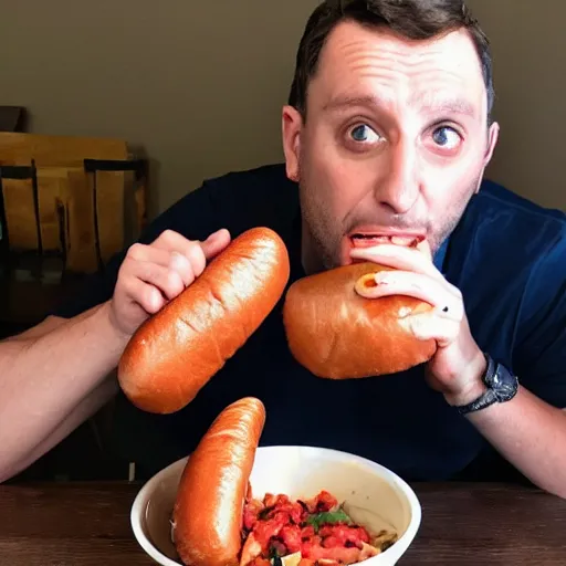 Image similar to Tim Robinson eating a hotdog bowl, like a burrito bowl but with little bits of chopped up hotdog in it