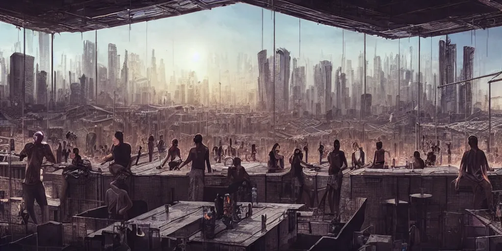 Image similar to an intricate concept art of a people on a rooftop bar in a megastructure city overviewing a desolate destroyed city, post-apocalyptic, sci-fi, cinematic lighting, hyper realistic, art by dylan cole, detailed matte painting, digital art, sci-fi film color palette