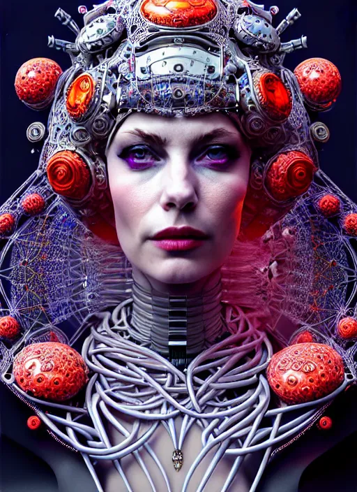 Prompt: portrait of an absurdly beautiful, graceful, sophisticated, fashionable cyberpunk mechanoid queen elizabeth, hyperdetailed illustration by irakli nadar and alexandre ferra, volumetric lighting, celtic fantasy art, psychedelic, intricate, hyper detailed, smooth, vibrant aura, intricate linework, white porcelain skin, faberge, coral