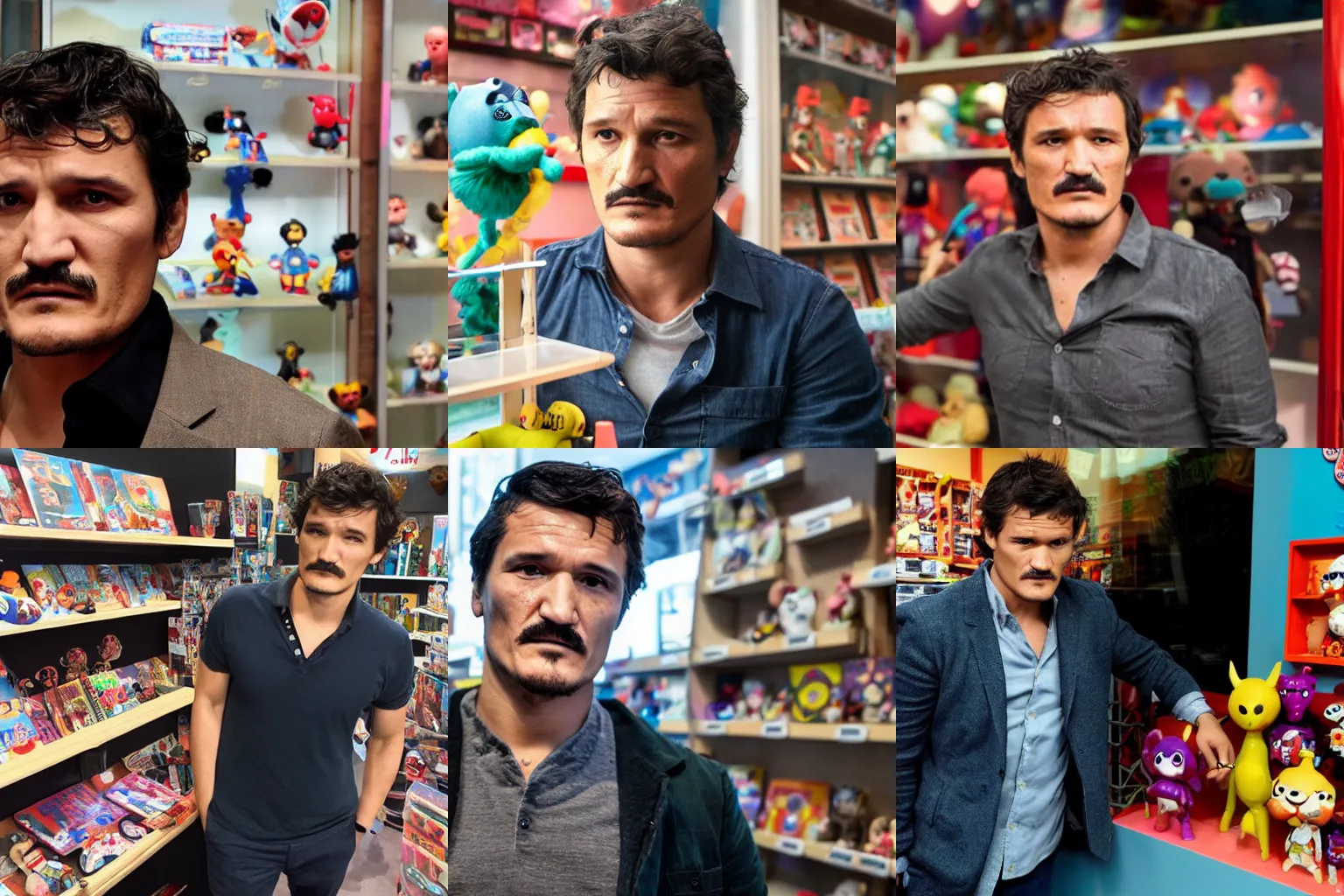 Prompt: Pedro Pascal looking somberly at a Grogu toy locked in a toy store display