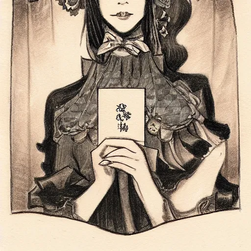 Image similar to a drawing of a woman holding a card, a character portrait by yuumei, featured on pixiv, rococo, tarot card, freakshow, rococo