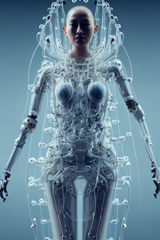 Image similar to young asian woman, iris van herpen, perfect symmetrical body, full body shot, inflateble shapes, wires, tubes, veins, jellyfish, white biomechanical details, wearing epic bionic cyborg implants, masterpiece, intricate, biopunk, vogue, highly detailed, artstation, concept art, cyberpunk, octane render