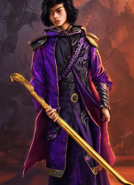 Prompt: An epic fantasy comic book style portrait painting of teenager boy with straight indigo hair, purple eyes with red eye markers, slim body, wearing a detailed Japanese kimono with golden armor details, holding a fan. Unreal 5, DAZ, hyperrealistic, octane render, cosplay, RPG portrait, dynamic lighting