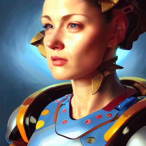 Image similar to head and shoulders portrait of a female Megaman semirealistic, digital illustration, dark fantasy, medium shot, intricate, elegant, highly detailed, digital painting, volumetric light, artstation, concept art, smooth, sharp focus, illustration by Sachin Teng, armor by Donato Giancola, face by Gil Elvgren, paintstrokes by Greg Manchess, background by Alphonse Mucha