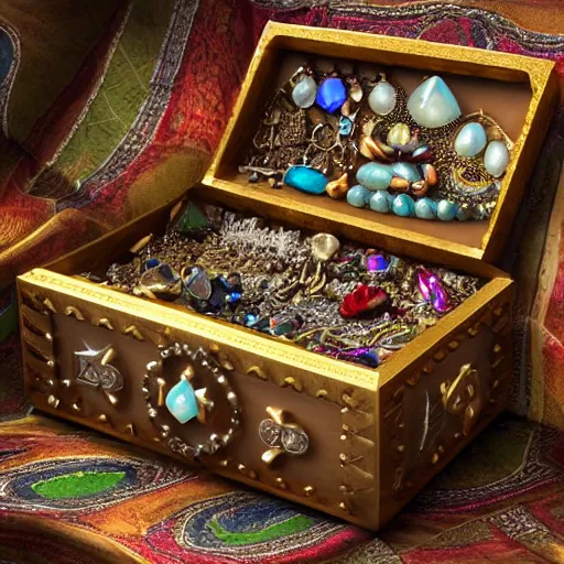 Image similar to A Ayleid chest filled with jewels and crystal artefacts, 4k, hdri, museum quality photo