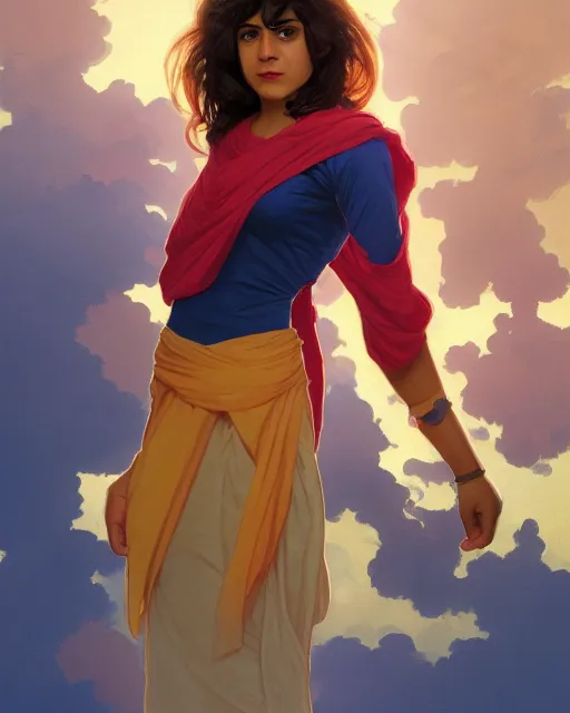 Image similar to A Full View of Kamala Khan played by Iman Vellani, filled with wonder. MCU. John hughes film. masterpiece 4k digital illustration by Ruan Jia and Mandy Jurgens and Artgerm and greg rutkowski and Alexander Tsaruk and WLOP and william-adolphe bouguereau, award winning, Artstation, art nouveau aesthetic, Alphonse Mucha background, intricate details, realistic, panoramic view, Hyperdetailed, 8k resolution, intricate art nouveau