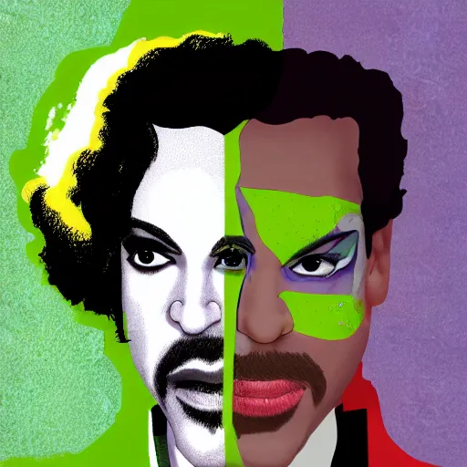 Prompt: an illustration of prince as two face. half his face is white with green hair.