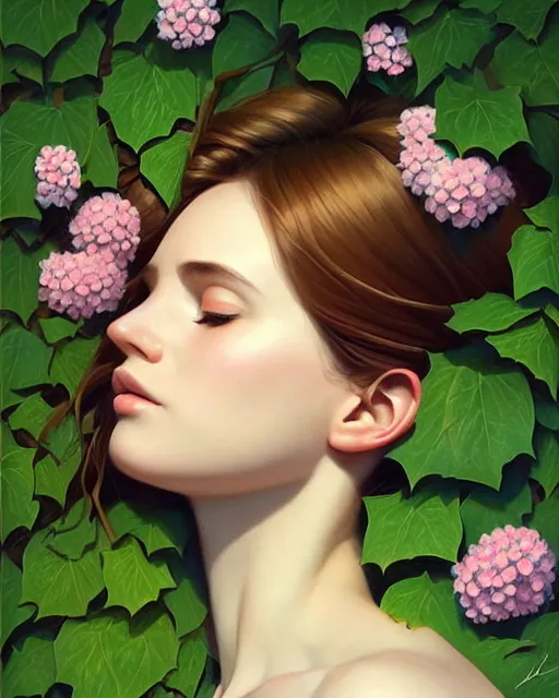 Prompt: stylized portrait of an artistic pose, composition, young lady sleeping sorrounded by nature, ivy's, flowers, one single head, realistic shaded, fine details, realistic shaded lighting poster by ilya kuvshinov, magali villeneuve, artgerm, jeremy lipkin and michael garmash and rob rey