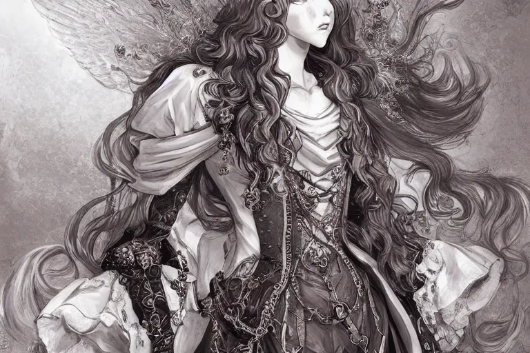 Image similar to baroque style, elegant, long hair concept art, fancy clothing, fancy room interior, highly detailed, artstation, behance, deviantart, inspired by innocent manga, inspired by castlevania concept art, trending, ayami kojima, shinichi sakamoto