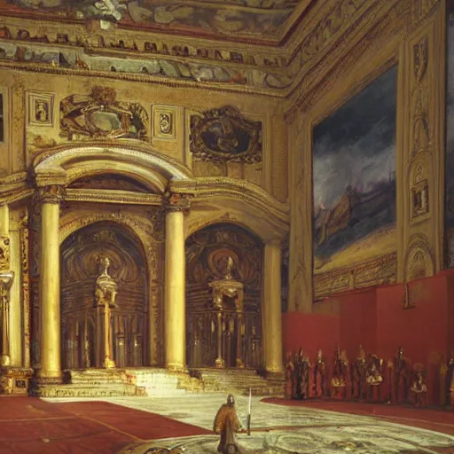 Prompt: Gigantic throne room with a big throne in a palace oil painting