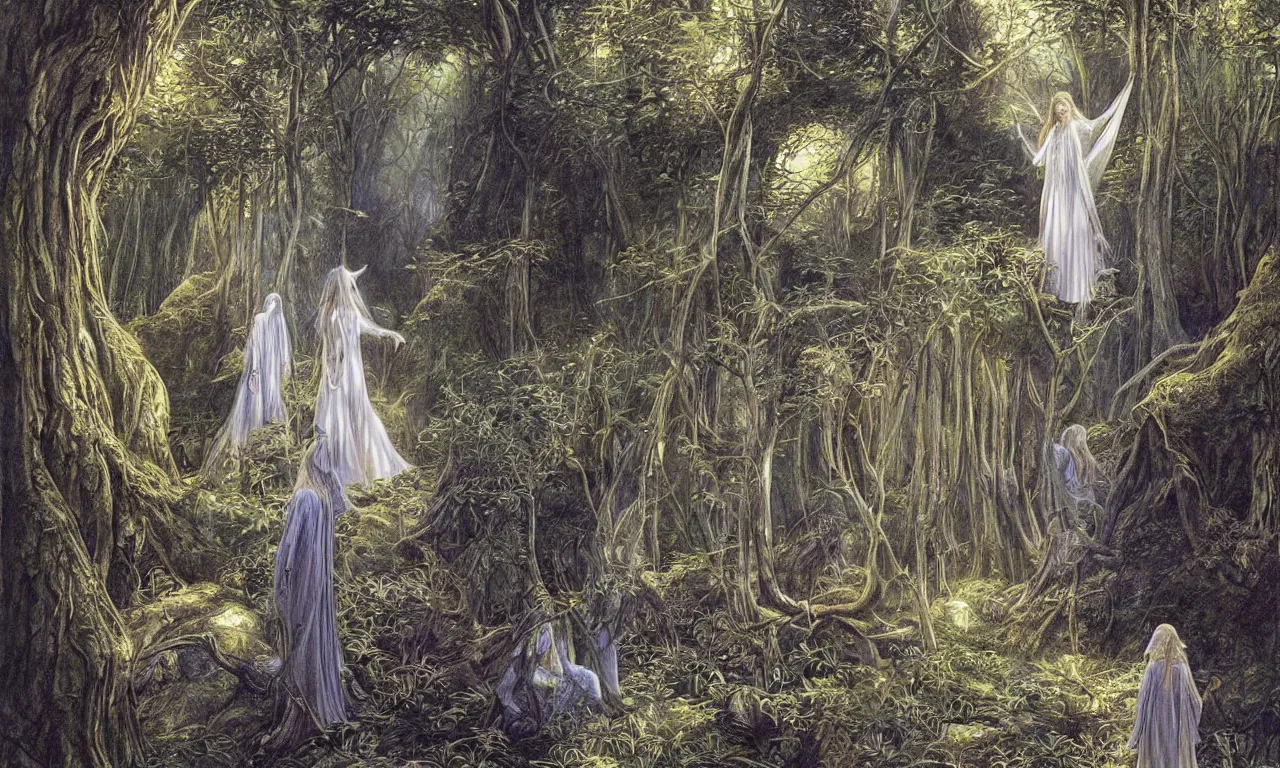 Prompt: Galadriel in Lothlórien, art by Alan Lee and Brothers Hildebrandt, fantasy illustration, Tolkein art