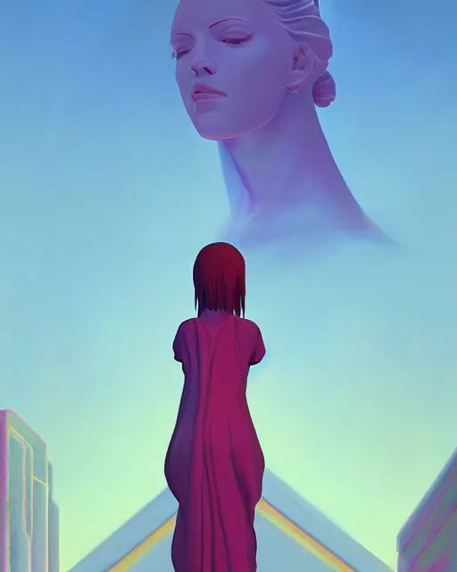 Image similar to a painting of a woman standing in front of a statue, a screenshot by stanley twardowicz, cgsociety, aestheticism, aesthetic, vaporwave, anime aesthetic