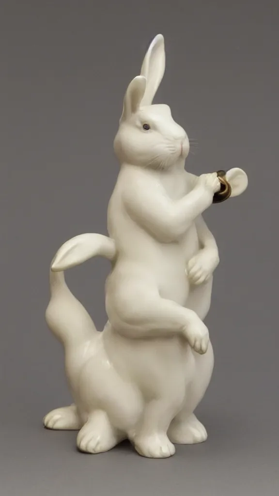 Image similar to a porcelain rabbit statue with a japanese kiseru pipe painted by john singer sargent