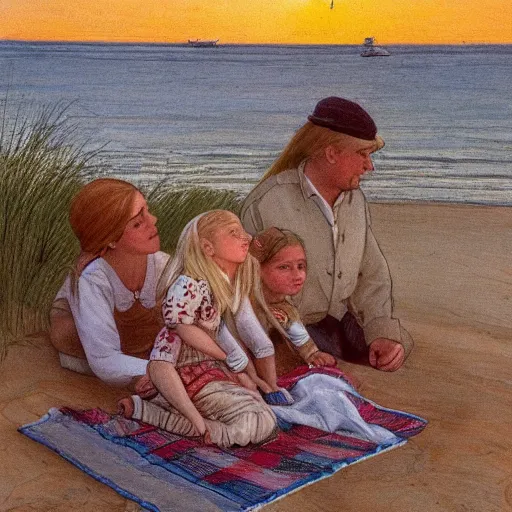 Image similar to a nine year old blonde girl and her two parents sit on a blanket at the beach and watch through sun go down in the style of Carl larsson