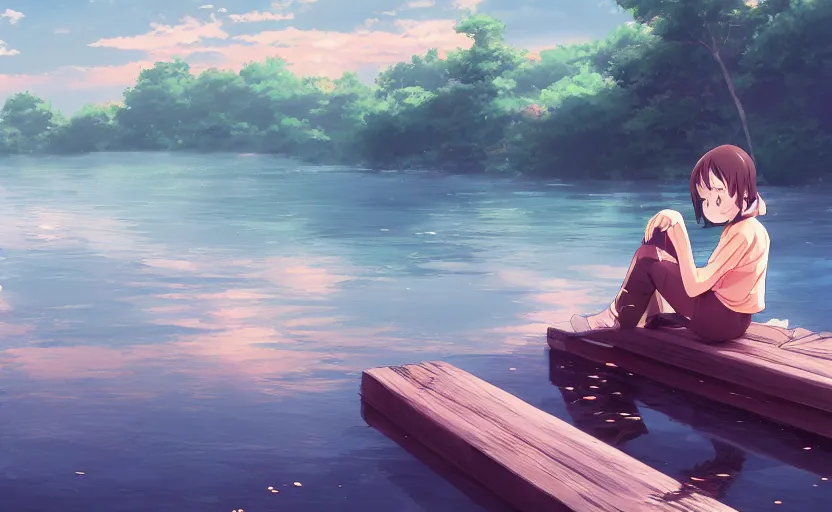 An anime girl sitting on a dock, fishing in a pond, | Stable Diffusion |  OpenArt