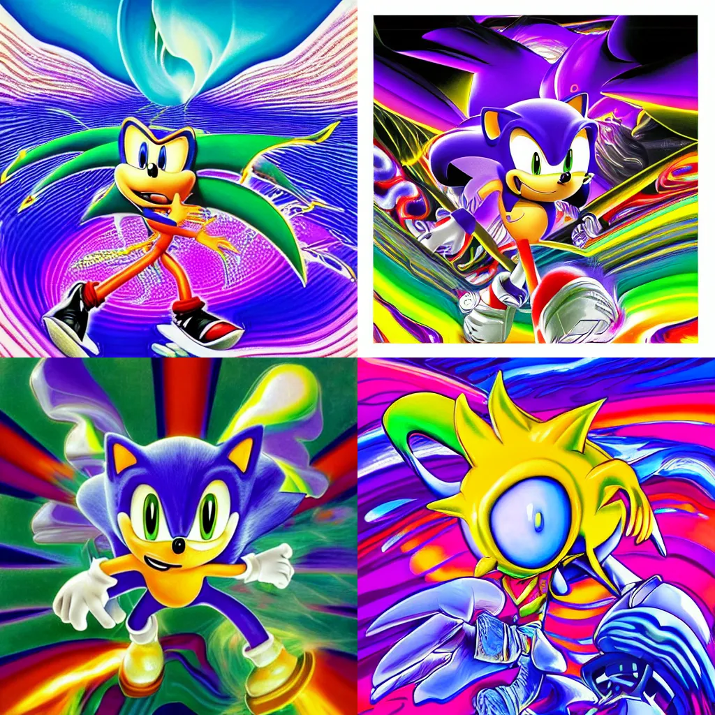 Prompt: surreal, sharp, detailed professional, high quality airbrush art MGMT album cover of a liquid dissolving LSD DMT sonic the hedgehog surfing through cyberspace, purple checkerboard background, 1990s 1992 Sega Genesis video game album cover