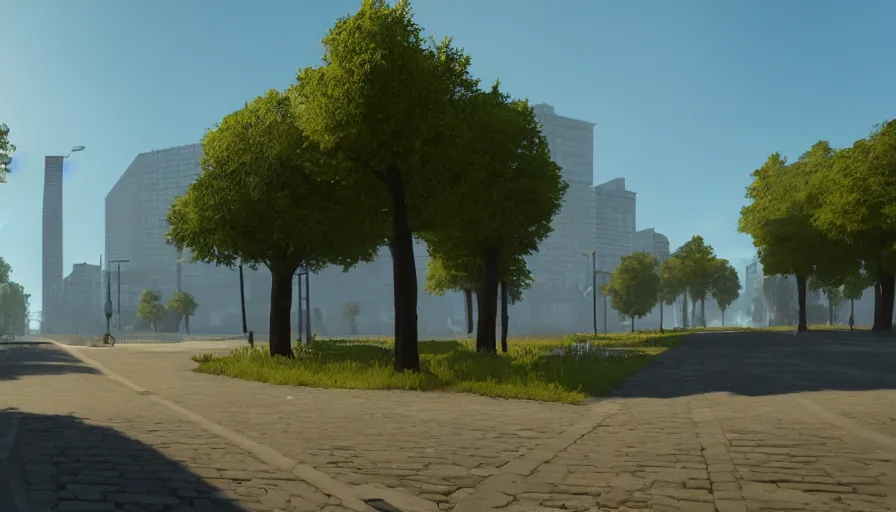 Prompt: large square at the end of the road, buildings in the distance, sunny day, game cg, hyperdetailed