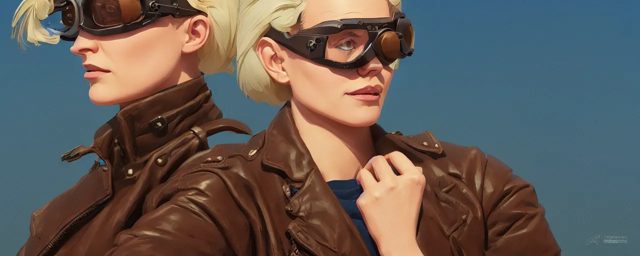 Image similar to stoic heroic emotionless butch blonde woman aviator with short slicked - back hair, wearing dark - lensed victorian goggles, wearing brown leather jacket, moebius, rough paper, behance hd by jesper ejsing, by rhads, makoto shinkai and lois van baarle, ilya kuvshinov, rossdraws global illumination.