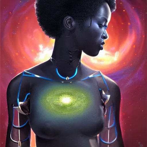 Prompt: afrofuturistic techno - mage uploading ancestral knowledge to the uni - mind interface, dark fantasy, occult, hyperrealistic, high - quality, surrealist painting, artstation