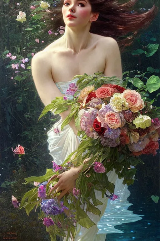 Image similar to portrait of a beautiful mysterious woman holding a bouquet of flowing flowers, hands hidden under the bouquet, lying in a pool of water, fantasy, regal, intricate, by stanley artgerm lau, greg rutkowski, thomas kindkade, alphonse mucha, loish, norman rockwell