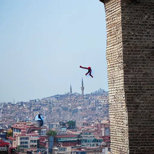 Prompt: Spider-man on top of the Galata Tower in Istanbul, photorealistic, 4K, 200mm lens