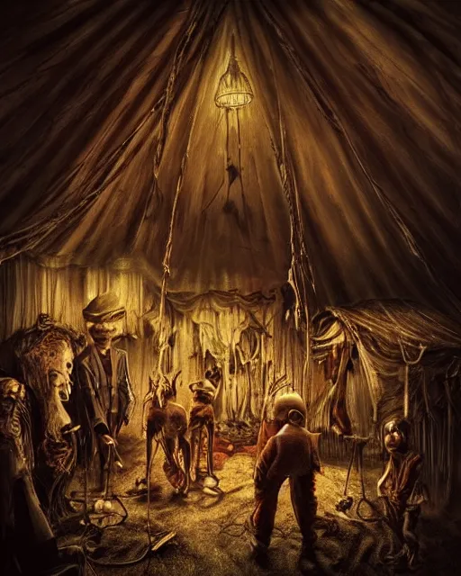 Prompt: the little circus of horrors, circus tent outside, creepy, hyper realistic, ambient lighting, horror art, hyper detailed, smooth