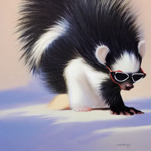 Prompt: skunk with shades walking from an explosion, front view, professional oil painting, highly detailed