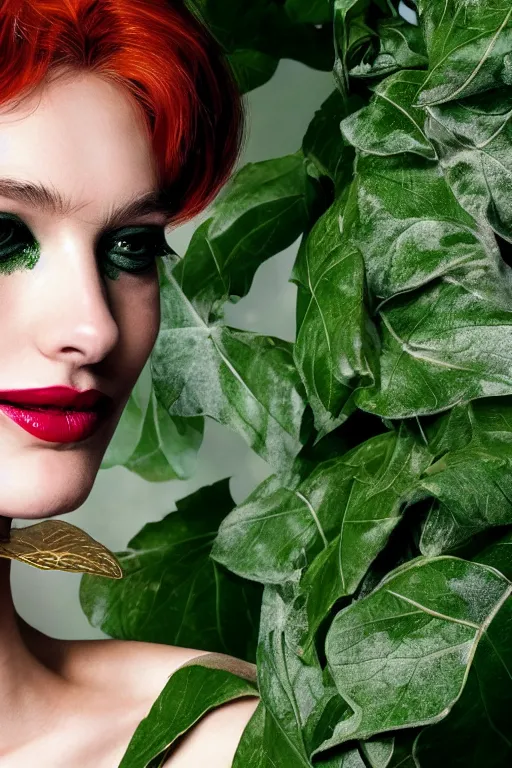 Image similar to A beautiful portrait of Daria Strokous smiling as Poison Ivy from GTA V as a Versace fashion model Spring/Summer 2010, highly detailed, in the style of cinematic, Getty images, Milan fashion week backstage, Extreme close up, Makeup by Pat McGrath, Hair by Guido Palau, Greg rutkowski