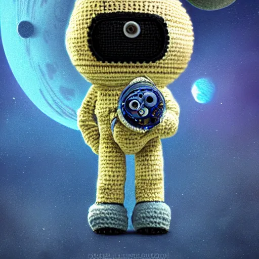 Prompt: cute robot crochet astronaut traveling alone on a yarn planet. shot from behind, cute, illustration, digital art, inspired by little big planet, by greg rutkowski, detailed, sharp, masterpiece, highly detailed, photorealistic, octane render, 8 k, unreal engine 5, trending on artstation, cinematic