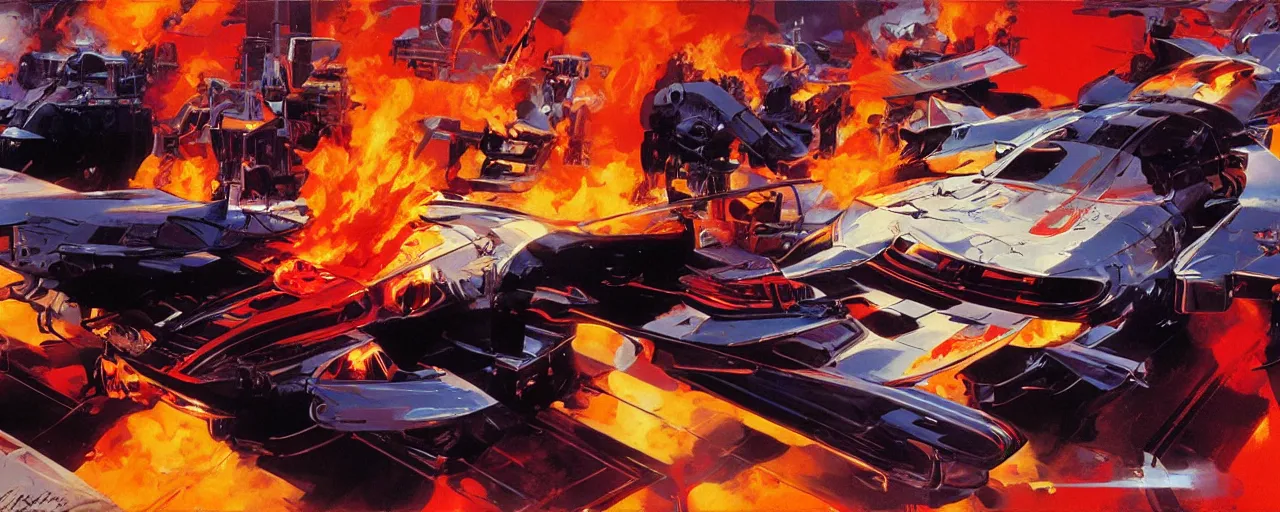 Prompt: atomic, flaming heart, expressive, art by syd mead